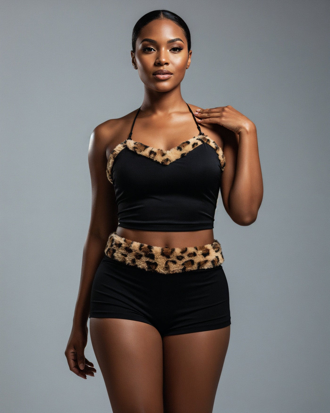 JENNY Leopard Fur Trim Top & Shorts Set