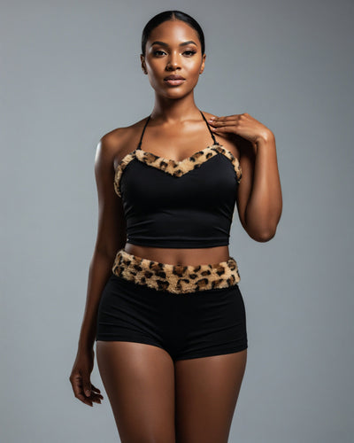 JENNY Leopard Fur Trim Top & Shorts Set