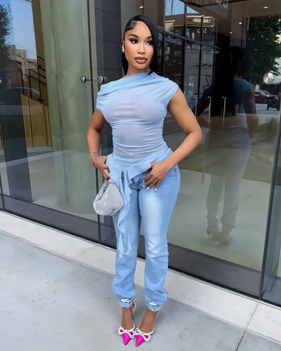 FIORELLA One-Shoulder Asymmetrical Ruffled Mesh Top