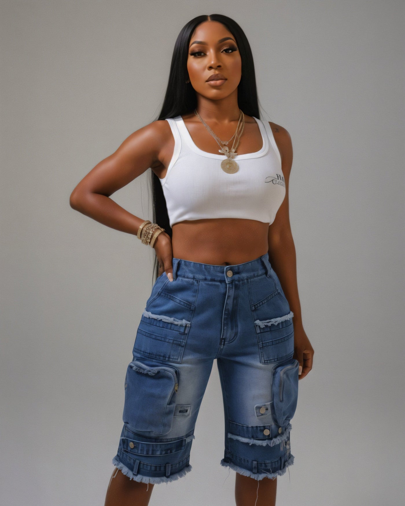 SALOME Distressed Cargo Denim Shorts