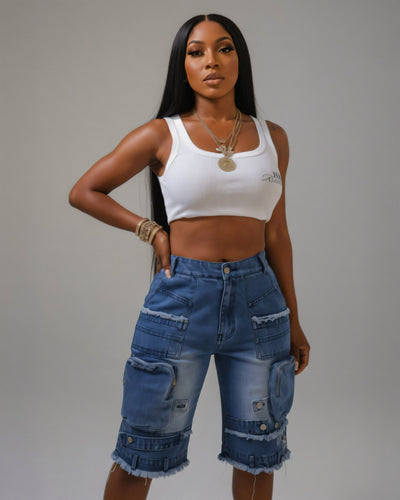 SALOME Distressed Cargo Denim Shorts