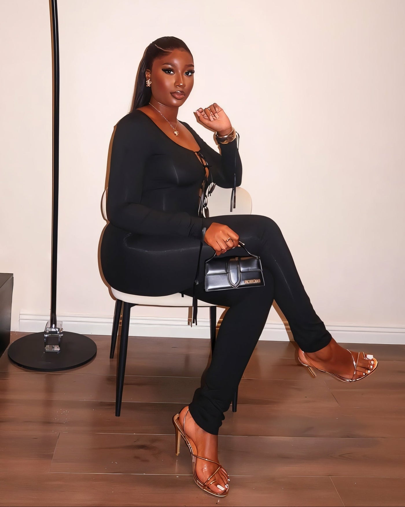 HYACINTH Lace-Up Front Fitted Top & Leggings Set