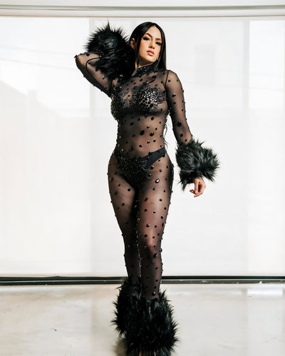 CHARICE Rhinestone & Faux Fur Trim Jumpsuit