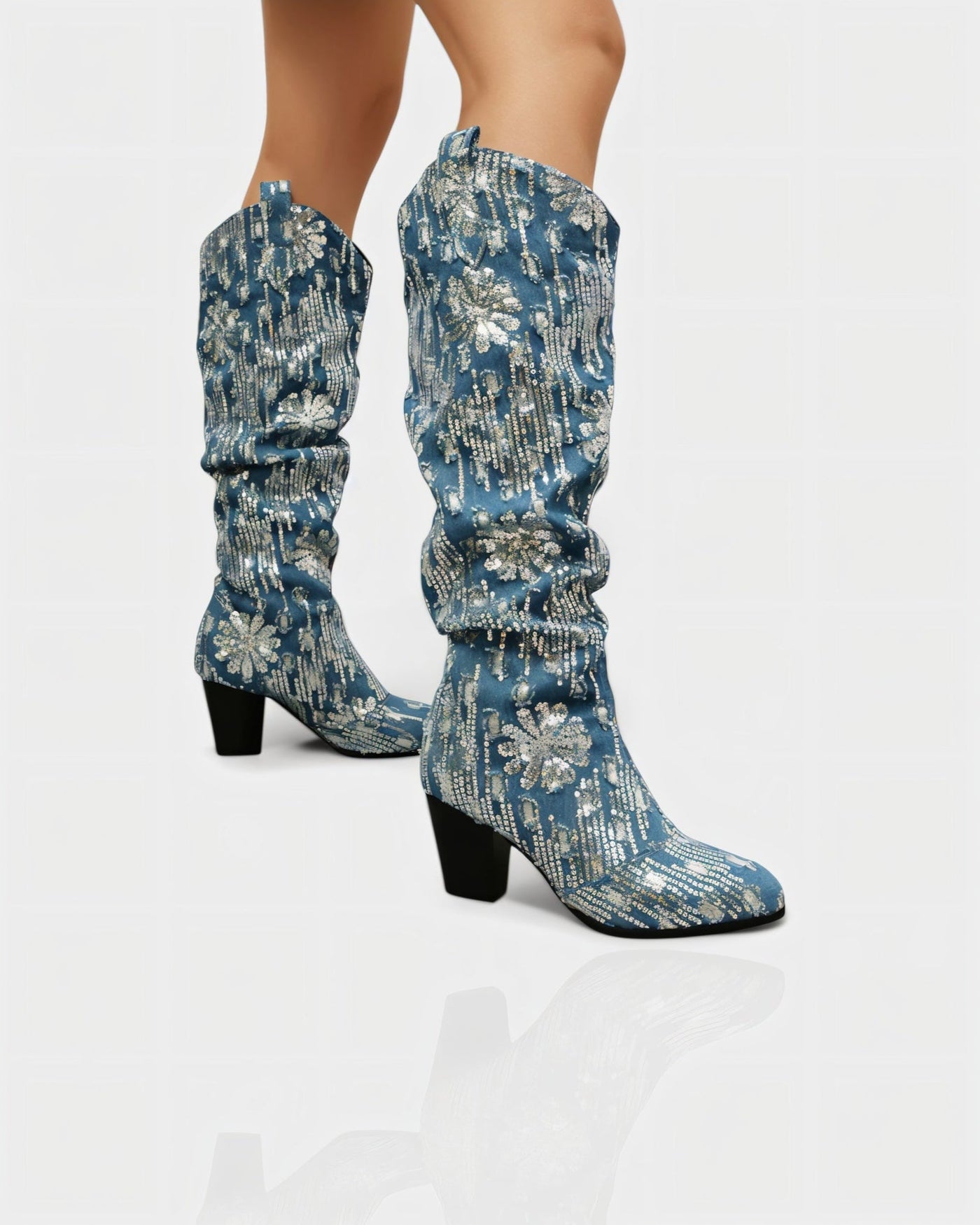 DIANNE Sequin Floral Denim Cowboy Boots