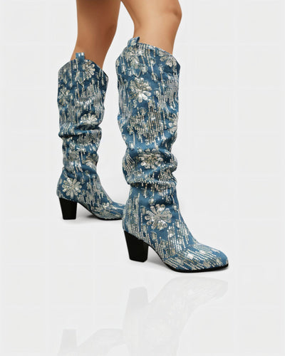 DIANNE Sequin Floral Denim Cowboy Boots