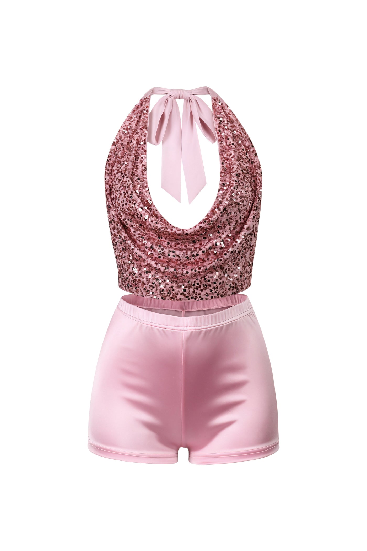 KELIA Sequin Halter Top & Satin Short Set