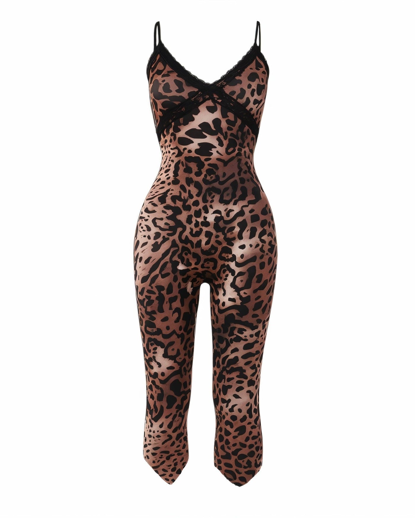 VALIE Leopard Print Lace Trim Jumpsuit