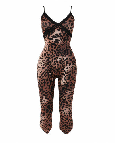 VALIE Leopard Print Lace Trim Jumpsuit
