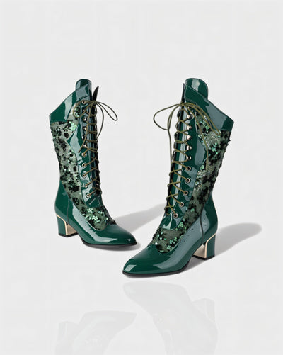 AROLA Lace-Up Embroidered Mid-Calf Boots