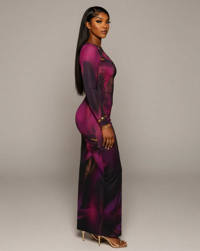 KAITHLYN Abstract-Print Long Sleeve Maxi Dress