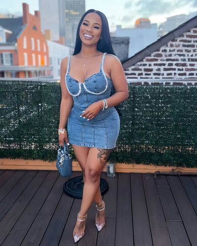 COSETTE Embellished Trim Denim Bodycon Mini Dress