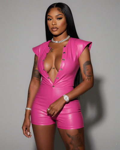ANGELA Faux Leather Backless Romper