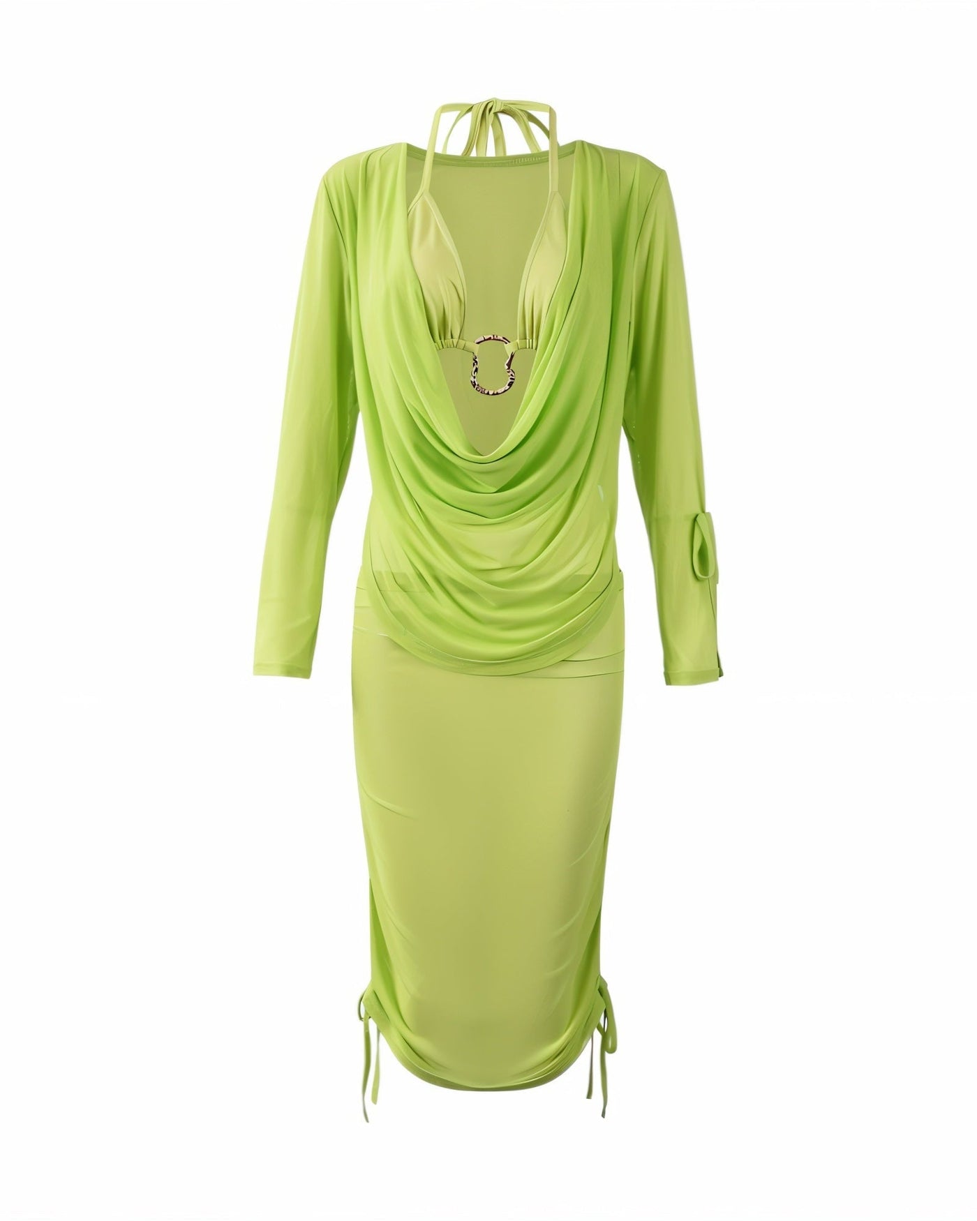 CLAUDETTE 3-Piece Cowl Top with Ring Bikini Top and Midi Skirt Set