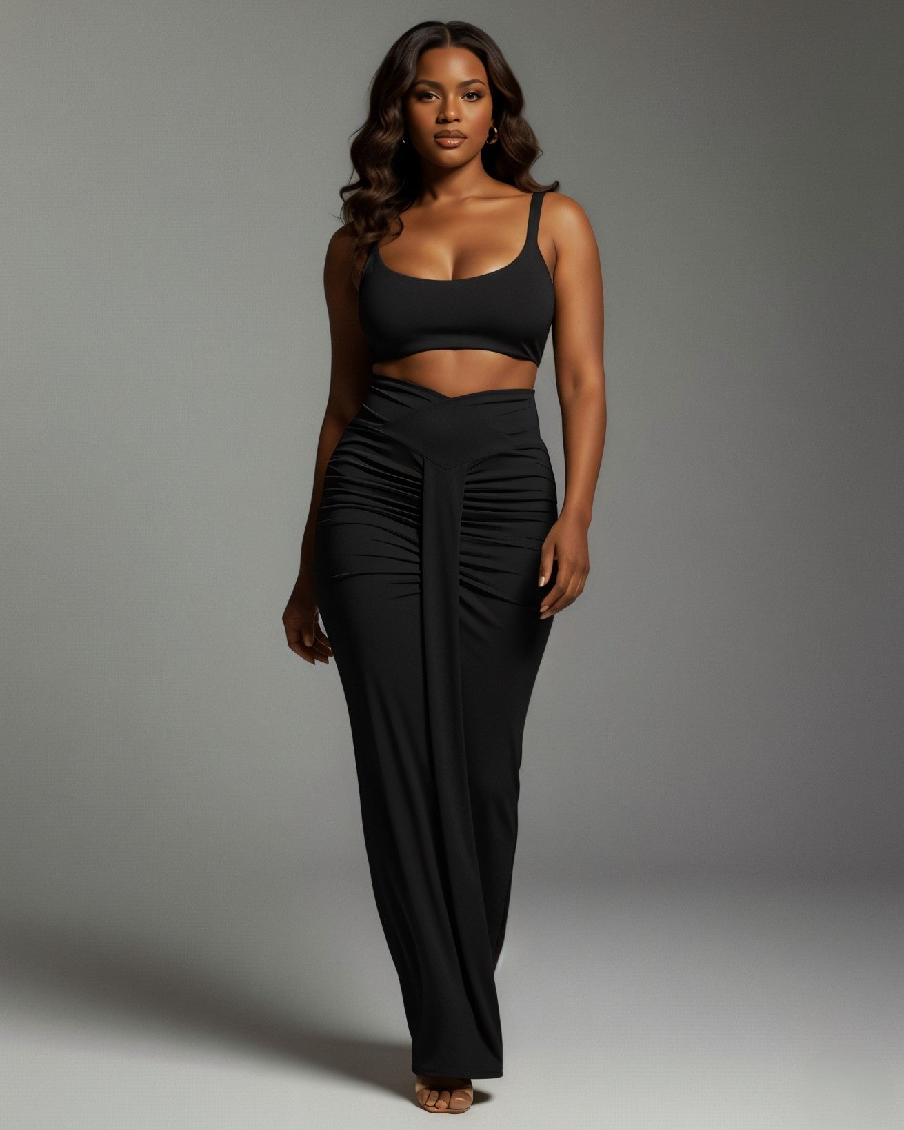 ZELLA Ruched High-Waist Draped Maxi Skirt