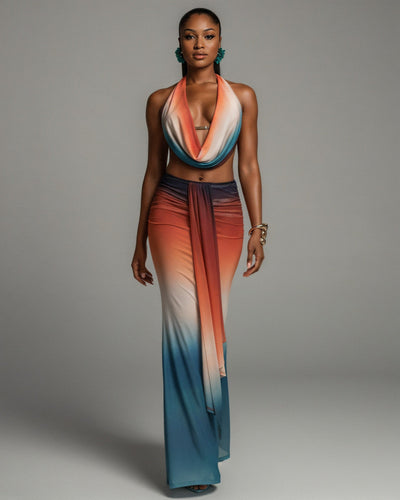 CHANEL Gradient Print Cowl Top and Maxi Skirt Set