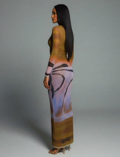 MACY Abstract Print Long Sleeve Mesh Maxi Dress