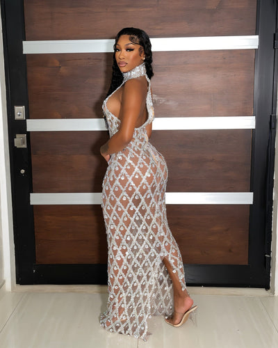 HOPE High Neck Tear Drop Rhinestone Maxi Dress