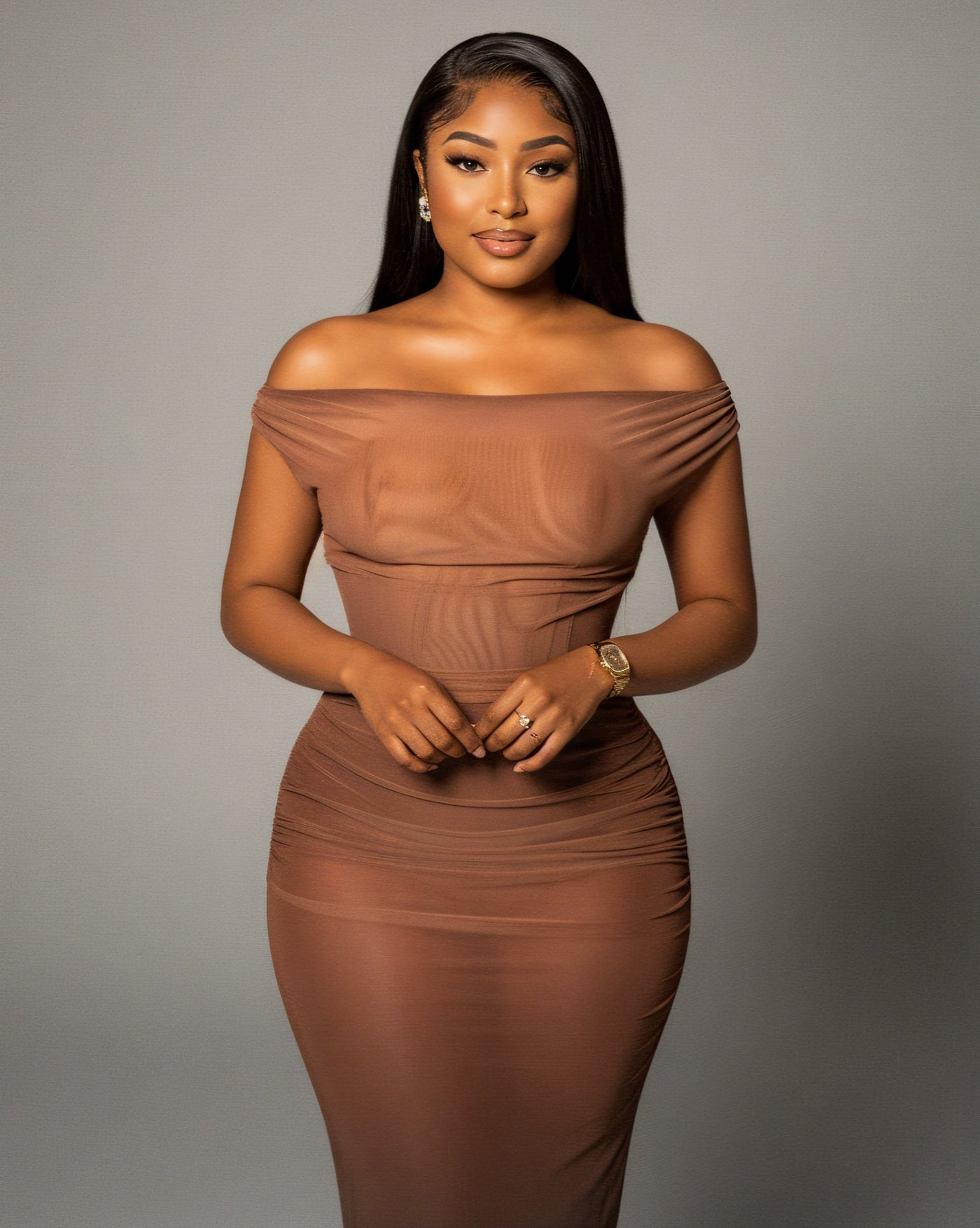 DELMA Mesh Ruched Off-Shoulder Maxi Dress