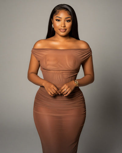 DELMA Mesh Ruched Off-Shoulder Maxi Dress