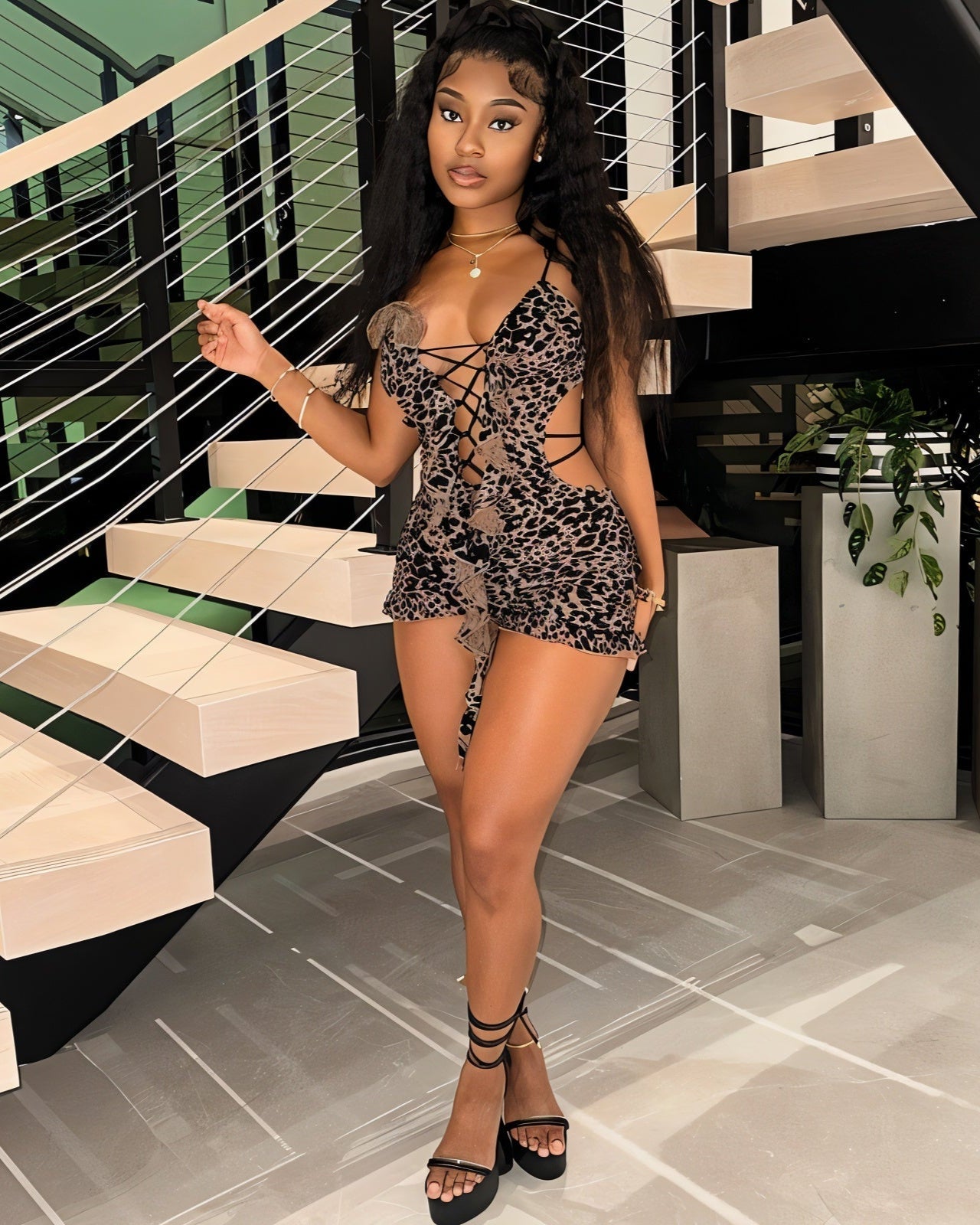NYLA Leopard Velvet Ruffle Romper