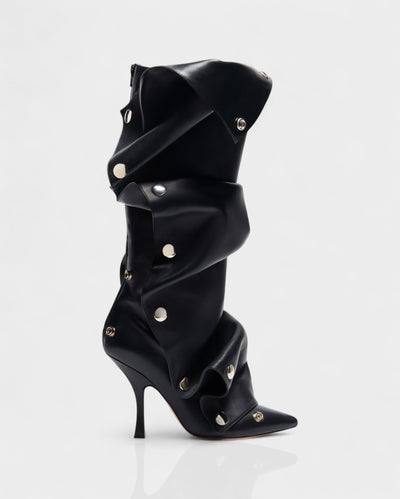 KIVARA Stiletto Heel Fold-Over Rivet Knee-High Boots