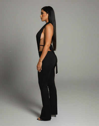 ELONA Deep Plunge Halter Flare Jumpsuit