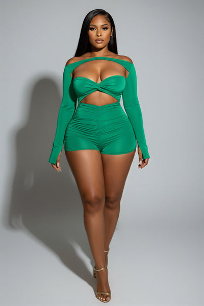 ESMERIA Off-Shoulder Cutout Ruched Romper