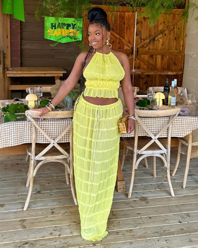 CHRISTINE Sheer Ruched Halter Top and Maxi Skirt Set