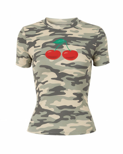 CLAIRE Cherry Detail Camo Print Shirt
