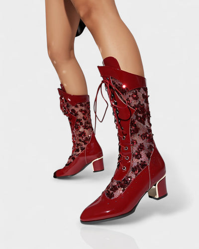 AROLA Lace-Up Embroidered Mid-Calf Boots