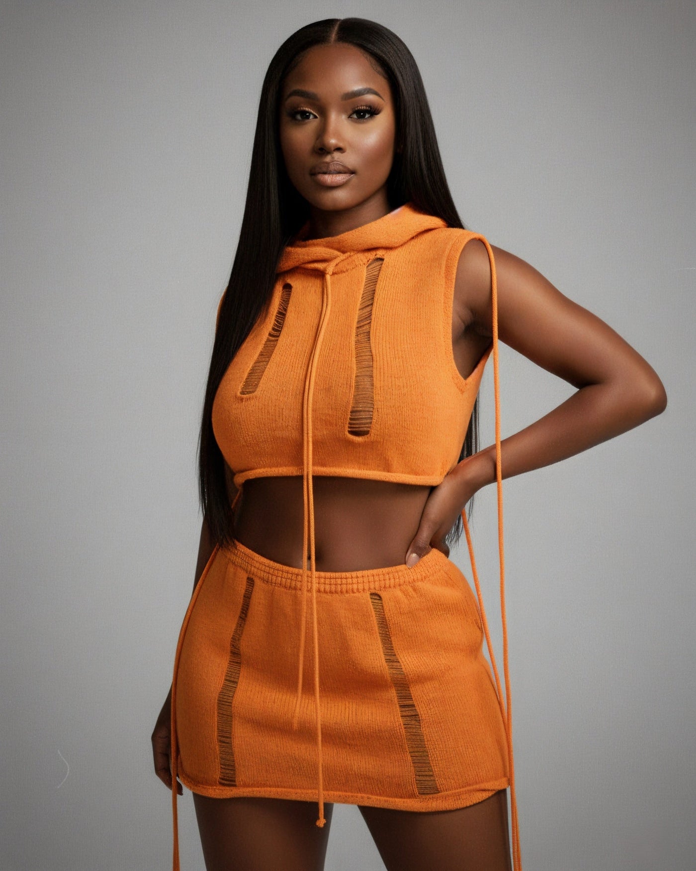 YESSA Knit Hooded Crop Top & Lace-Up Mini Skirt Set