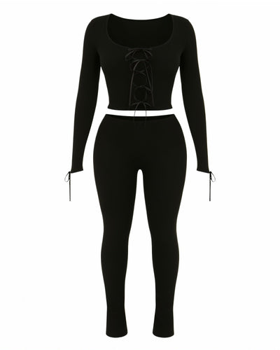 HYACINTH Lace-Up Front Fitted Top & Leggings Set