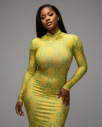 VIAN Geometric Print Long-Sleeved Maxi Dress