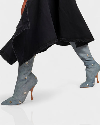 KIVARA Stiletto Heel Fold-Over Rivet Knee-High Boots