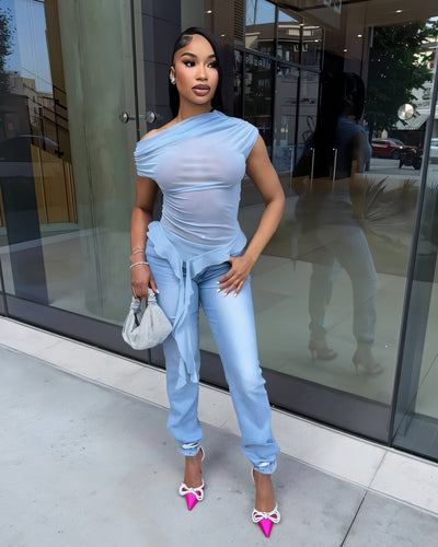 FIORELLA One-Shoulder Asymmetrical Ruffled Mesh Top