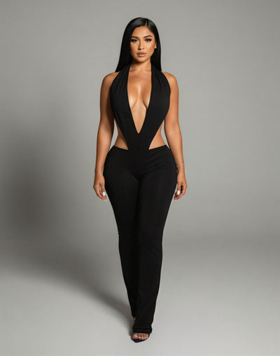 ELONA Deep Plunge Halter Flare Jumpsuit