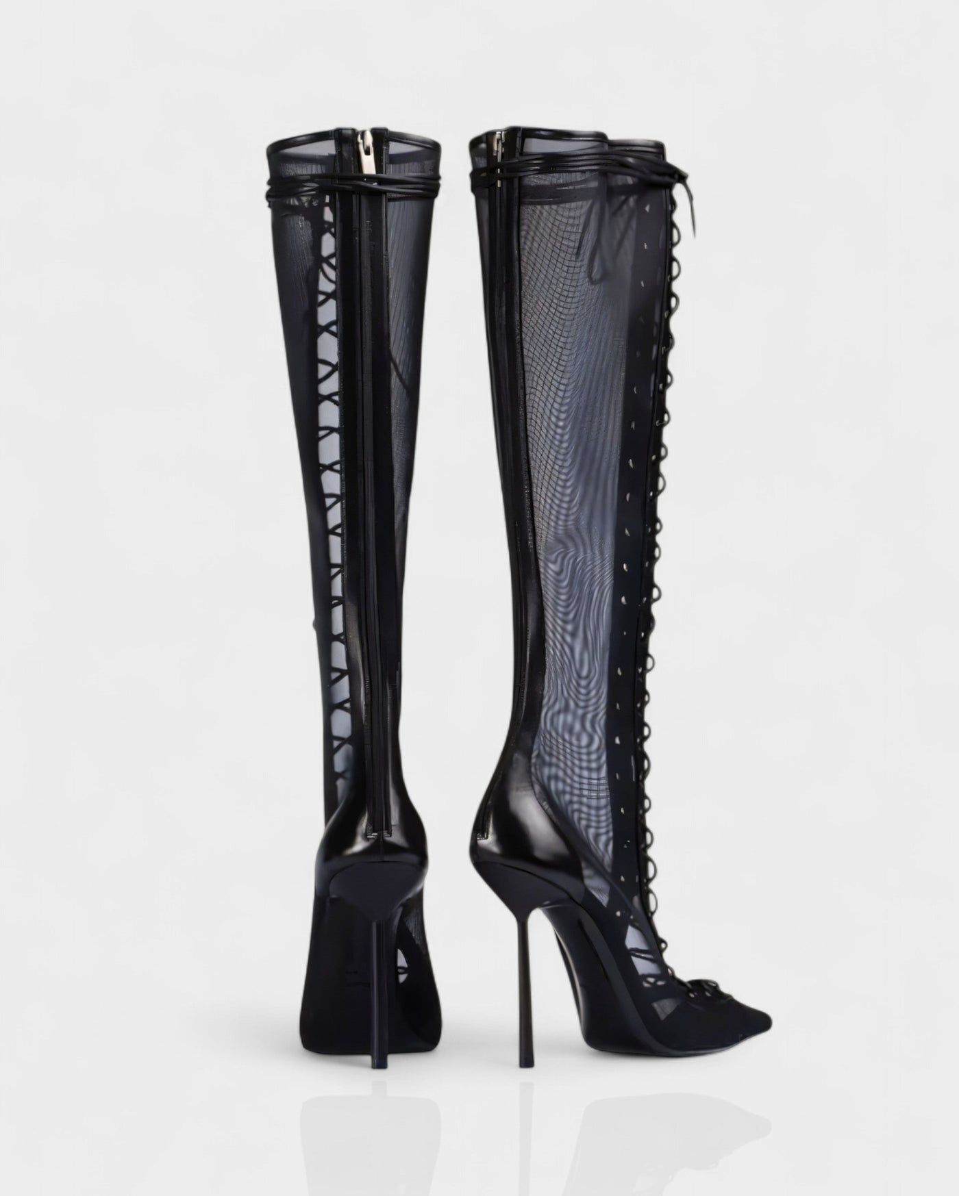 ESCAS Lace-Up Mesh Knee-High Stiletto Boots