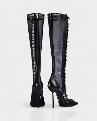 ESCAS Lace-Up Mesh Knee-High Stiletto Boots