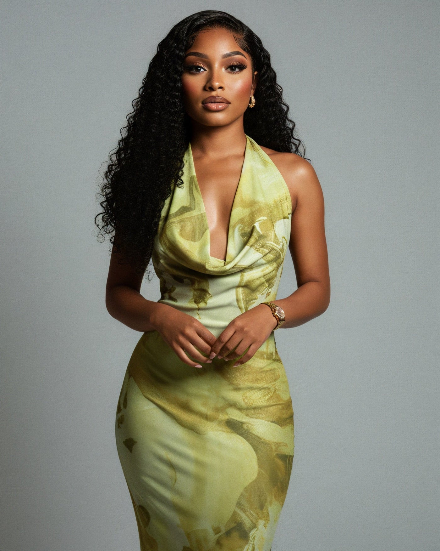 NUVIA Abstract Print Halter Maxi Dress