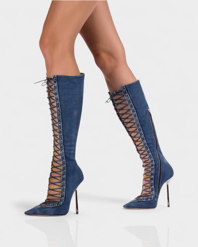 ESCAS Lace-Up Mesh Knee-High Stiletto Boots