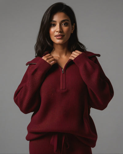 IRISA Ribbed Knit Zip Sweater & Straight Pants Set