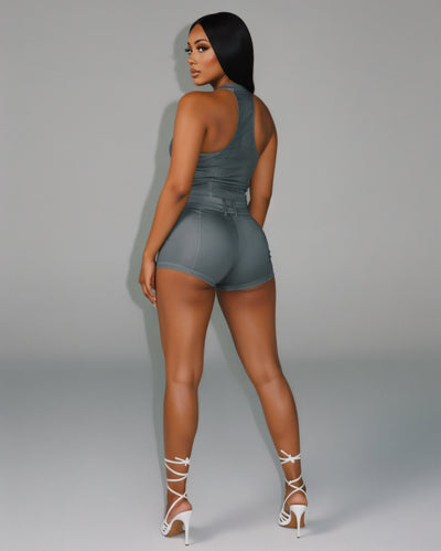 CLARISSA Denim Zip Up Top & Shorts Set