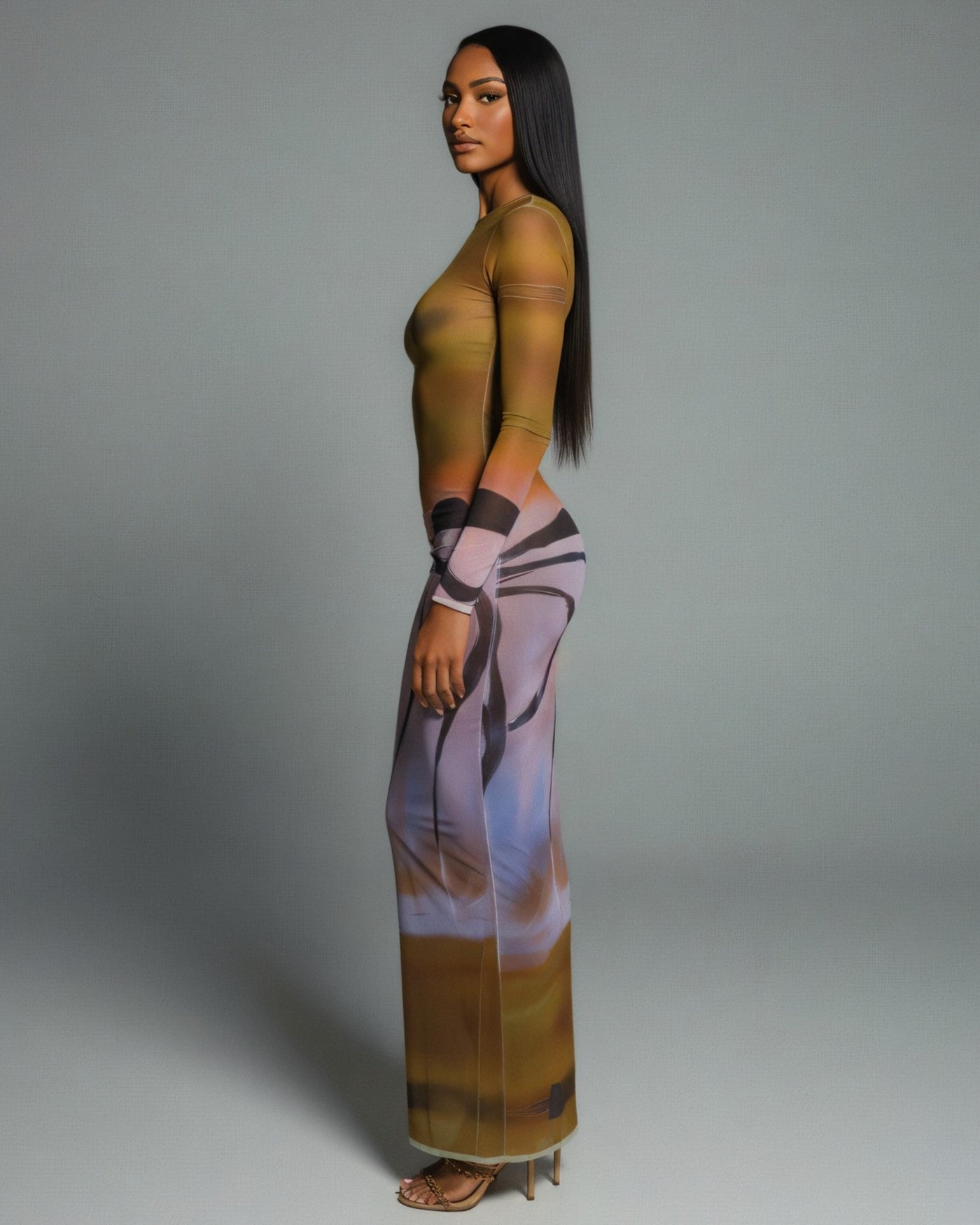 MACY Abstract Print Long Sleeve Mesh Maxi Dress