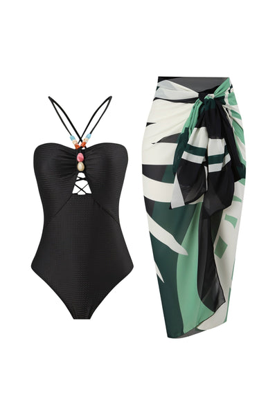 LOTTIE Beaded One-Piece Swimsuit & Tie Maxi Skirt Set