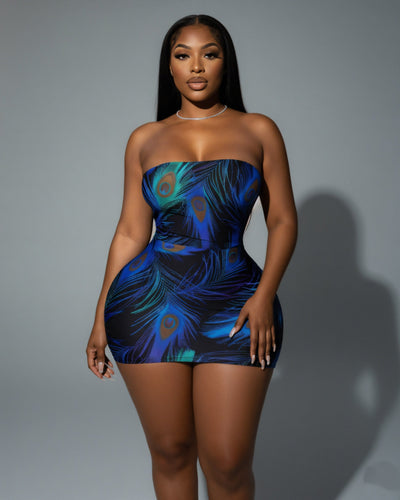 ALLISON Peacock Feather Print Tube-top Mini Dress