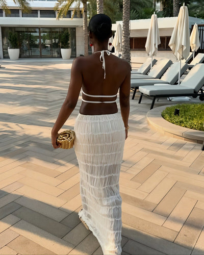 CHRISTINE Sheer Ruched Halter Top and Maxi Skirt Set