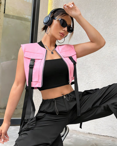 CANDICE Cropped Flap Pocket Buckle Detail Vest