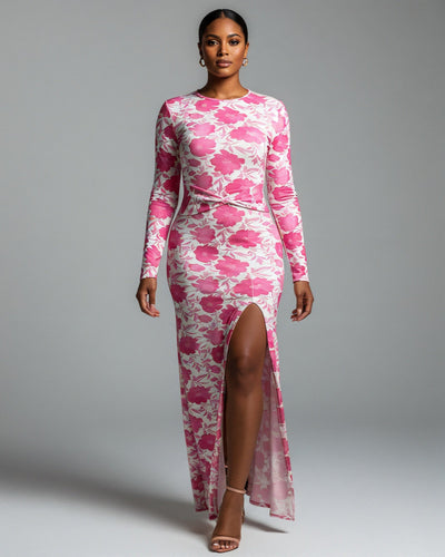 DELPHIA Floral Print Long Sleeve Slit Maxi Dress