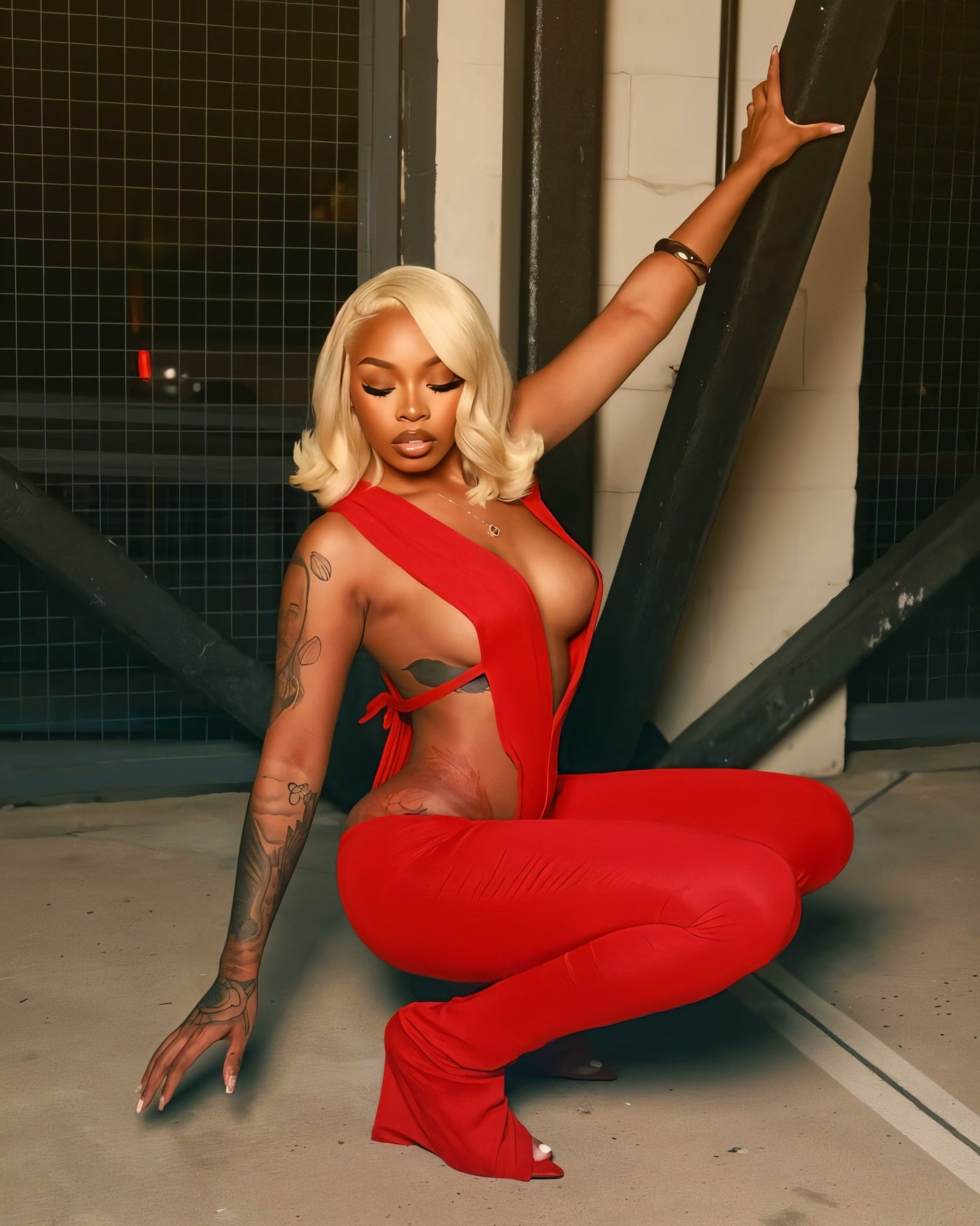 NERI Plunge V Cutout Bodysuit & Flare Pants Set