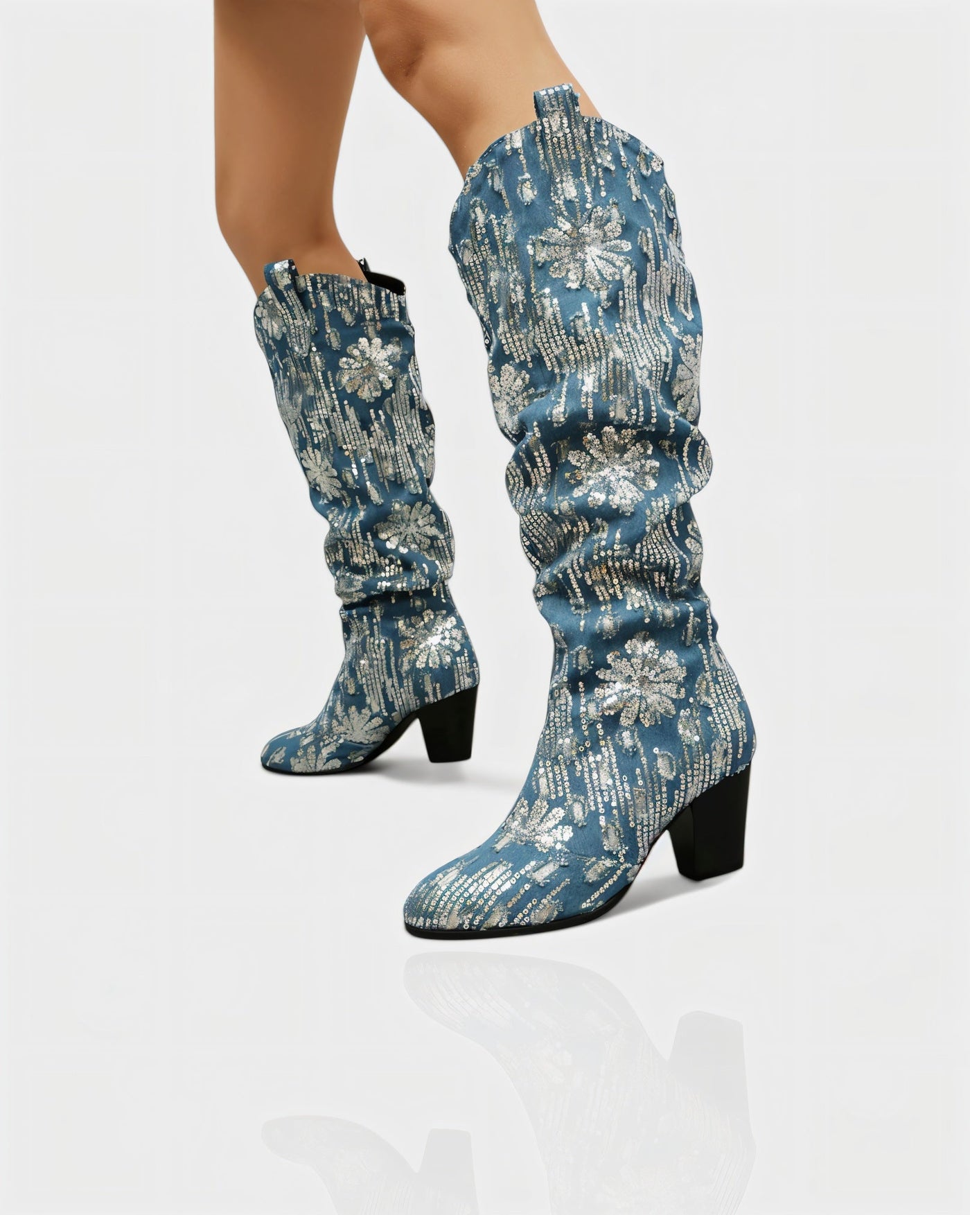 DIANNE Sequin Floral Denim Cowboy Boots